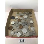 A MIXTURE OF ASSORTED WORLD COINAGE, MOST SILVER IN COLOUR, INCLUDING VICTORIAN 1897 CROWN, GEORGE