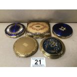 FIVE VINTAGE LADIES COMPACTS, INCLUDING MASONIC MARGARET ROSE EXAMPLE, STRATTON ETC