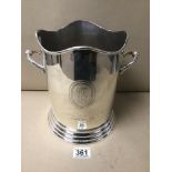 A LARGE SILVER PLATED LOUIS ROEDERER CHAMPAGNE BUCKET, TWIN HANDLED, 24CM HIGH