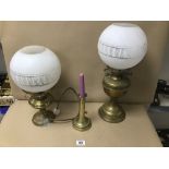 TWO VICTORIAN OIL LAMPS ONE BEING CONVERTED TO ELECTRIC BOTH WITHOUT GLASS FUNNELS ALSO A