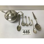 A HALLMARKED SILVER CIRCULAR MUSTARD POT WITH MATCHING SPOON ALSO SIX VARIOUS HALLMARKED SILVER