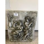 A CONCRETE EMBOSSED WALL PLAQUE OF A CLASSICAL SCENE 39 X 30CMS