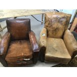 TWO ART DECO CLUB CHAIRS BROWN LEATHER BOTH A/F