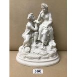 A LARGE PARIAN WARE FIGURE GROUP DEPICTING A GENTLEMAN COMFORTING A LADY, 27CM HIGH (AF)