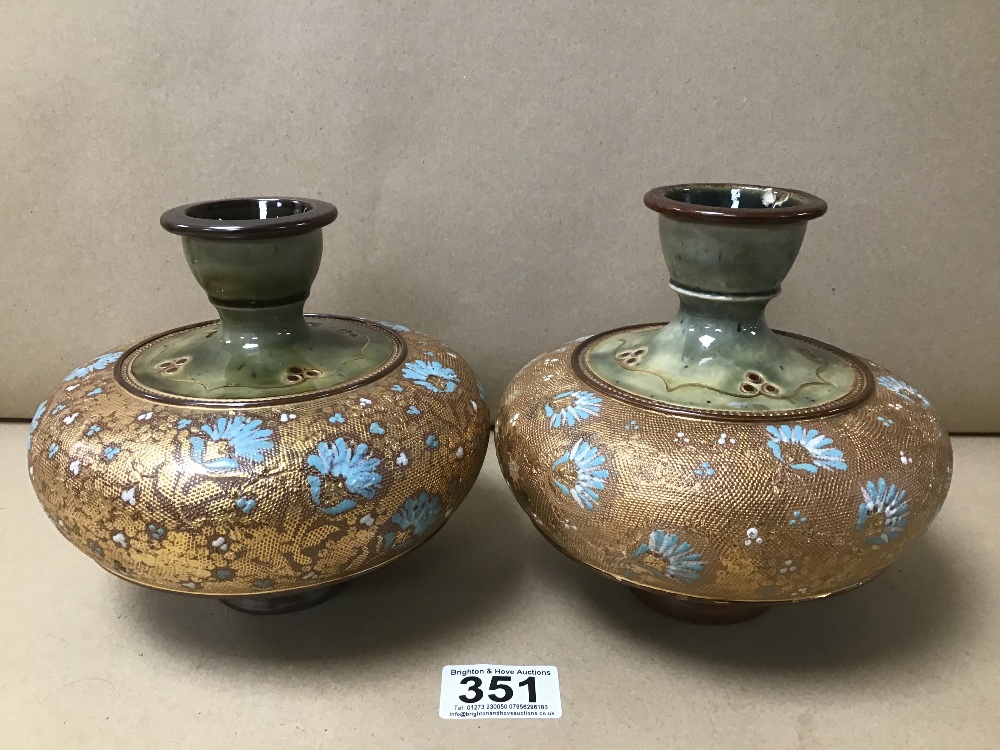 A PAIR OF ROYAL DOULTON SLATERS PATENT GLAZED STONEWARE VASES OF BALUSTER FORM, BB3 7000, 15CM