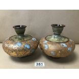 A PAIR OF ROYAL DOULTON SLATERS PATENT GLAZED STONEWARE VASES OF BALUSTER FORM, BB3 7000, 15CM