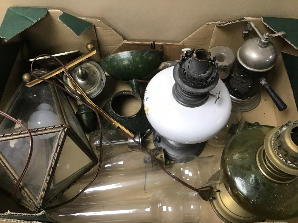 VARIOUS VINTAGE LIGHTING, INCLUDING GLASS OIL LAMPS WITH FUNNELS, CEILING LIGHT ETC - Image 2 of 4