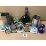 MIXED ITEMS INCLUDING PAPERWEIGHTS AND PEWTER TANKARDS