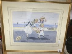 A FRAMED AND GLAZED WATERCOLOUR BY URSULA DE WINTON TITLED (THE CHASE) 54 X 44 CM