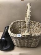 A VINTAGE LEATHER GLADSTONE BAG BAILEY AND SON LONDON WITH A WICKER BASKET