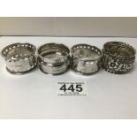 FOUR HALLMARKED SILVER NAPKIN RINGS OF WHICH TWO ARE A PAIR 58GRAMS