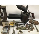 A BOX OF VINTAGE ITEMS INCLUDES FISHING REEL, AA BADGE AND OTHERS