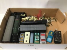 A QUANTITY OF MIXED TOYS INCLUDING A HORNBY SMOKING TRAIN AND PLAY WORN DIE-CAST VEHICLES