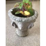 A VINTAGE CONCRETE GARDEN PLANTER WITH LION HEADS 29CMS HIGH