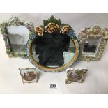 THREE MIRRORS INCLUDING A MIESSEN BEVELLED MIRROR WITH CHERUBS, ALSO TWO FRENCH PORCELAIN SMALL