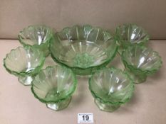 GROUP OF GREEN MOULDED GLASS, INCLUDING A SERVING BOWL AND SIX SUNDAE DISHES