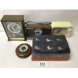 THREE VINTAGE CLOCKS INCLUDING METAMEC, ALSO BOXED SILEA DUCKS AND A BAROMETER