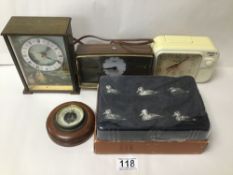 THREE VINTAGE CLOCKS INCLUDING METAMEC, ALSO BOXED SILEA DUCKS AND A BAROMETER