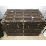 AN EARLY VICTORIAN PERIOD METAL AND WOOD BOUND PINE TREASURE CHEST 97 X 57 X 63CMS