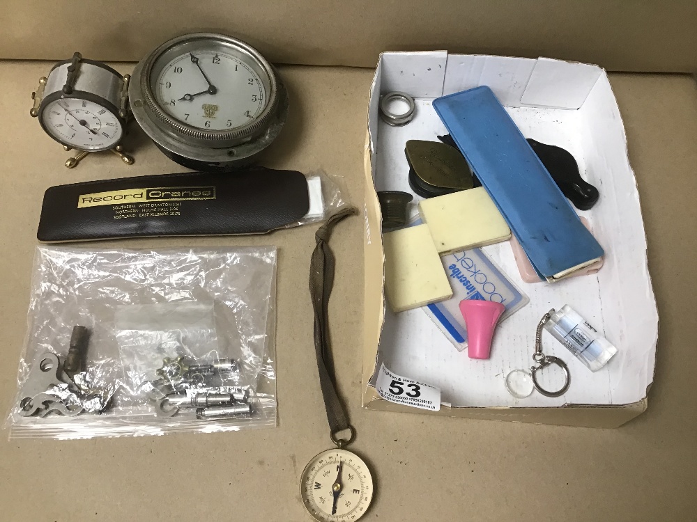 ASSORTED COLLECTABLES, INCLUDING MAGNIFYING GLASSES, SMITHS CAR CLOCKS, CLOCK KEYS, AND MORE