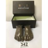 A PAIR OF BRONZE SCULPTURED FEET MARKED JACK 9 WEEKS 9CM LONG 474GRAMS