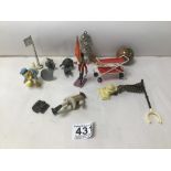 A MIX OF COLLECTABLES, INCLUDING NOVELTY SILVER PLATE BABY RATTLES, BRITISH MADE LEAD HOOVER,