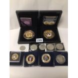 TWO LARGE COMMEMORATIVE FIVE CROWN COINS, ONE FOR PRINCE GEORGE'S FIRST BIRTHDAY 2014 ETC,