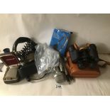 A BOX OF MIXED ITEMS WITH A PAIR OF SUNLUX CASED BINOCULARS AND PRINZ MICROPHONE AND MORE