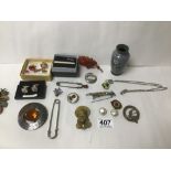 A MIXED BOX OF COSTUME JEWELLERY (SCOTTISH) BROOCH 22CTGOLD PLATED CUFFLINKS AND OTHERS