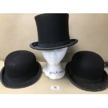 THREE VINTAGE HATS INCLUDING A COLLAPSIBLE TOP HAT (TRESS AND CO LONDON), WITH TWO BOWLER HATS (DUNN