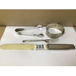 FOUR SILVER ITEMS, COMPRISING; SILVER HANDLED PAPERKNIFE, BANGLE, PAIR OF 830 GRADE SUGAR TONGS