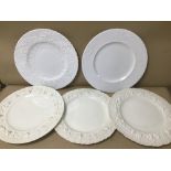 THREE WEDGWOOD ETRURIA PATTERN DINNER PLATES WITH TWO SPODE DINNER PLATES