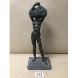 A MODERNIST BRONZE FIGURE OF AN ABSTRACT NUDE FEMALE, RAISED UPON RECTANGULAR STONE BASE, 31CM HIGH