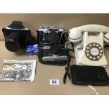 THREE VINTAGE CAMERA'S INCLUDING OLYMPUS TRIP 35 WITH A REPRODUCTION TELEPHONE