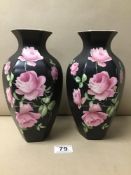 A PAIR OF VINTAGE CROWN DUCAL VASES DECORATED WITH PINK ROSES 24 CM