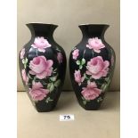 A PAIR OF VINTAGE CROWN DUCAL VASES DECORATED WITH PINK ROSES 24 CM