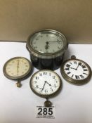 A VINTAGE SMITH'S CAR CLOCK, NUMBER 76.184, TOGETHER WITH THREE OVERSIZED TRAVEL WATCHES, ONE
