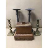 TWO MID CENTURY WOODEN BOXES OF RECTANGULAR FORM, TOGETHER WITH TWO PAIRS OF CANDLESTICKS, ONE