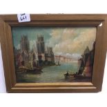 A 19TH CENTURY FRAMED OIL ON BOARD OF A CONTINENTAL HARBOUR SCENE SIGNED J. FOX 36 X 28CMS