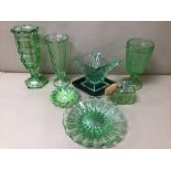 AN ASSORTMENT OF GREEN COLOURED GLASSWARE, INCLUDING VASES, ATOMIZER AND MORE