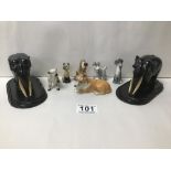 A PAIR OF EBONISED ELEPHANTS 8 CM WITH SIX CHINA ANIMAL FIGURES INCLUDING WADE