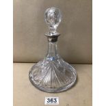 A SILVER COLLARED CUT GLASS SHIPS DECANTER, BRITISH IMPORT MARKS, 24.5CM HIGH