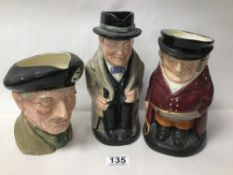 THREE ROYAL DOULTON CHARACTER JUGS, COMPRISING; WINSTON CHURCHILL, THE HUNTSMAN D 6320 AND MONTY D