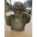 A CONCRETE GARDEN BUST OF A ROMAN SOLDIER 55CMS HIGH