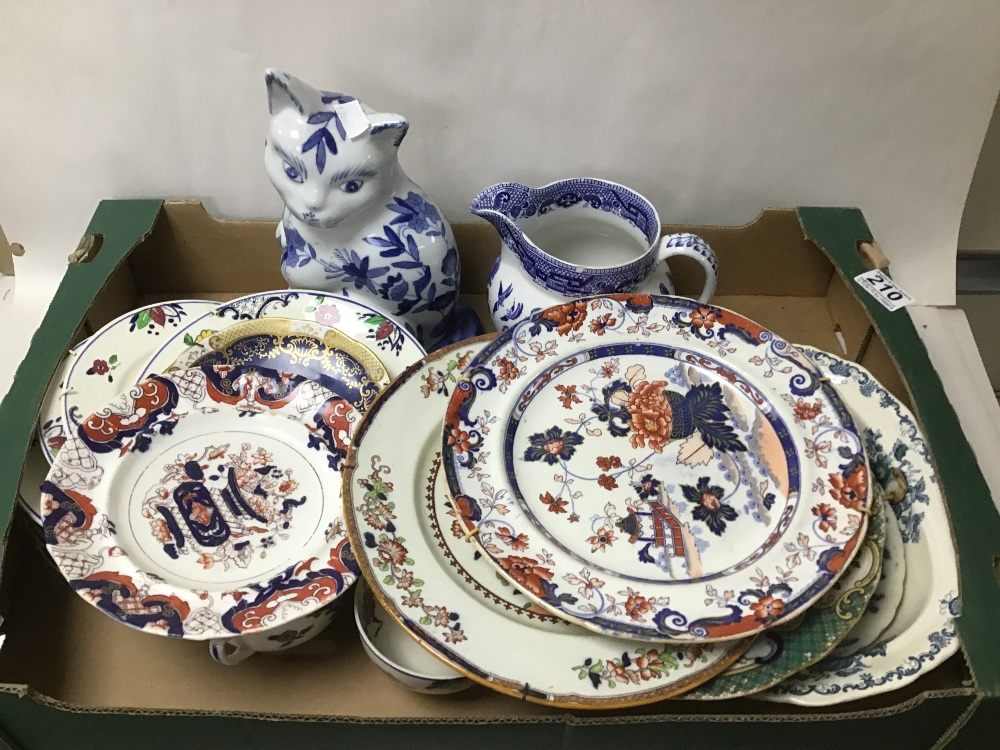A QUANTITY OF CHINA ITEMS INCLUDING A CAT ,WILLOW WARE AND ORIENTAL PLATES