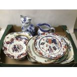 A QUANTITY OF CHINA ITEMS INCLUDING A CAT ,WILLOW WARE AND ORIENTAL PLATES