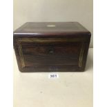 A VICTORIAN ROSEWOOD AND BRASS INLAID DRESSING TABLE CASE OF RECTANGULAR FORM, INTERIOR MISSING,