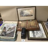 ASSORTED PICTURES AND EPHEMERA, INCLUDING EARLY FRAMED AND GLAZED PRINT OF BRIGHTON SEAFRONT, JIGSAW