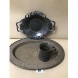 A LIBERTY AND CO ENGLISH PEWTER TWO HANDLE DISH DESIGNED BY ARCHIBALD KNOX WITH PIERCED AND