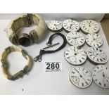 A GROUP OF NINE POCKET WATCH MOVEMENTS WITH ENAMEL DIALS (SOME AF) TOGETHER WITH TWO METAL MOUNTED